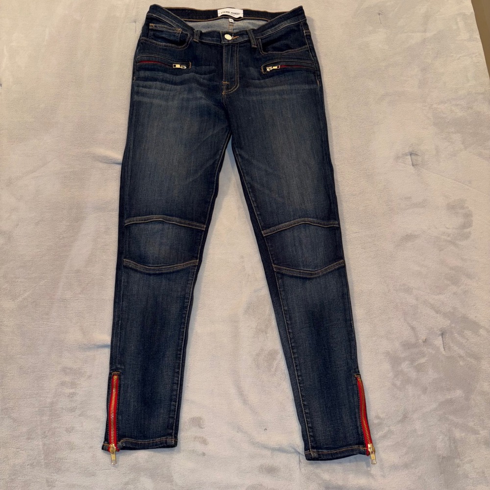 Etienne Marcel Los Angeles Moto Skinny Jeans Dark Wash Red Zipper Detail Size 28